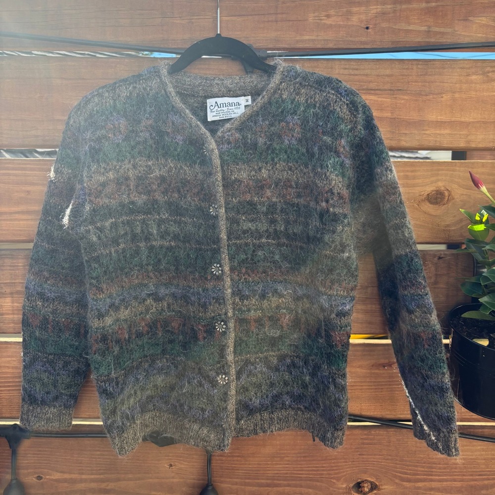Amana Woolen Mill Cardigan Women M Brown Mohair Floral Buttons USA Made